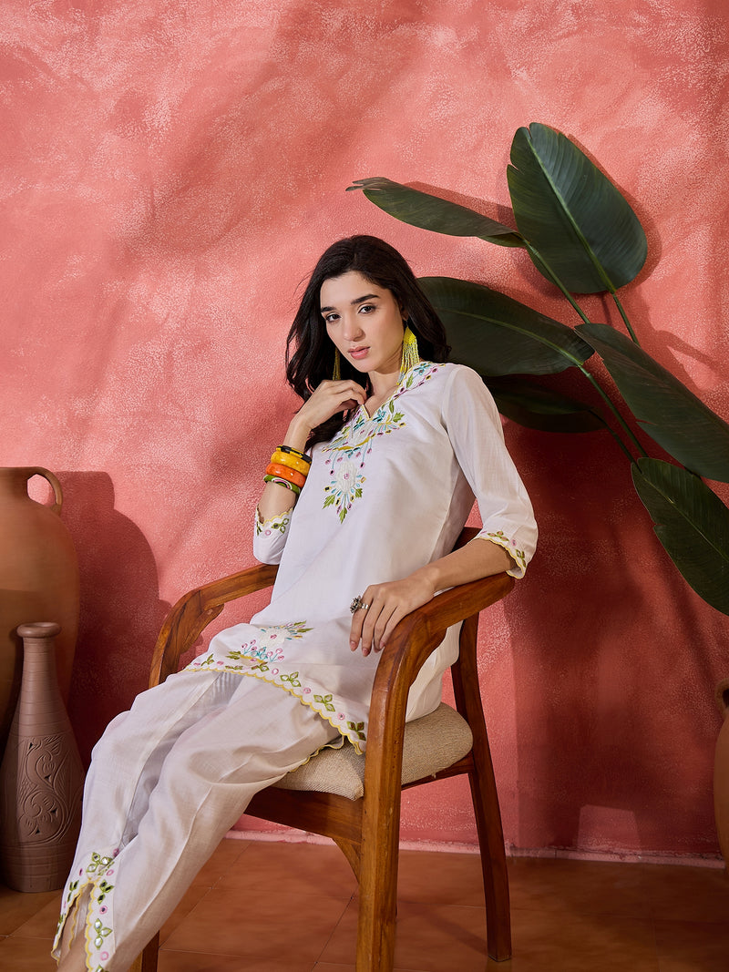 Floral Embroidered V-Neck Tunic With Dhoti Pant Co-Ords Set