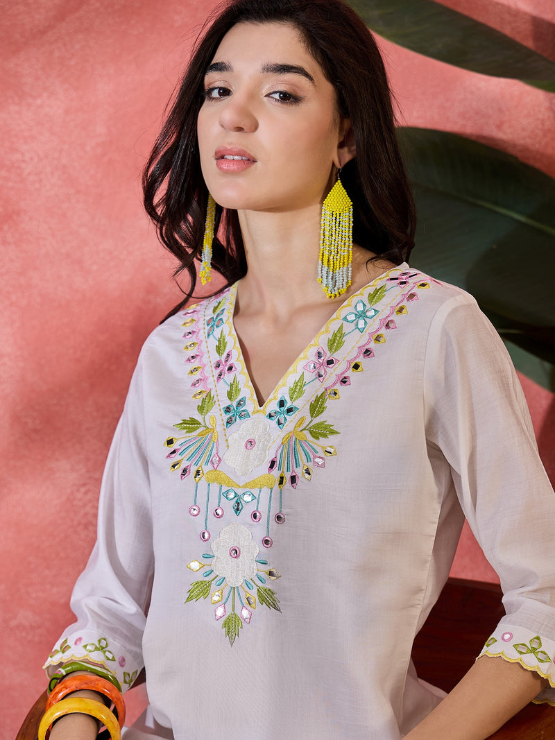 Floral Embroidered V-Neck Tunic With Dhoti Pant Co-Ords Set