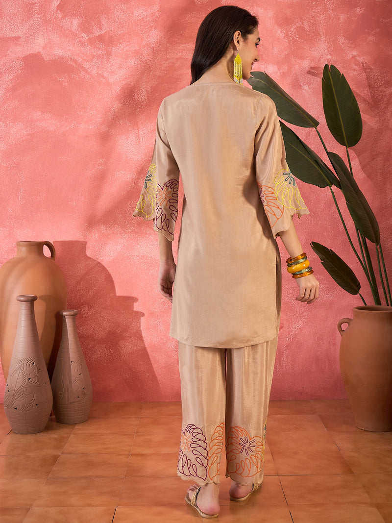 Beige Floral Embroidered Tunic With Pant Co-Ords Set