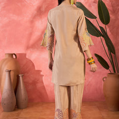 Beige Floral Embroidered Tunic With Pant Co-Ords Set