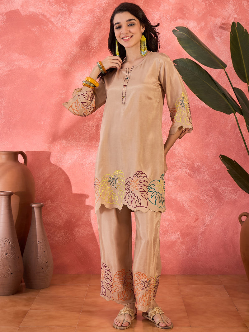 Beige Floral Embroidered Tunic With Pant Co-Ords Set