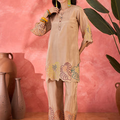 Beige Floral Embroidered Tunic With Pant Co-Ords Set