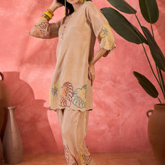 Beige Floral Embroidered Tunic With Pant Co-Ords Set