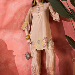 Beige Floral Embroidered Tunic With Pant Co-Ords Set