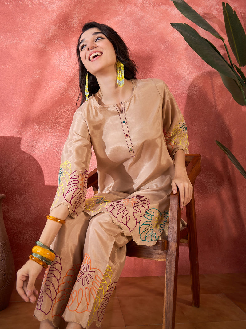 Beige Floral Embroidered Tunic With Pant Co-Ords Set