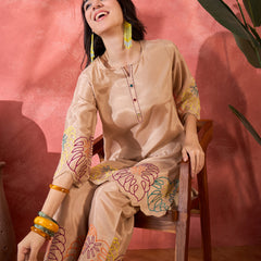 Beige Floral Embroidered Tunic With Pant Co-Ords Set