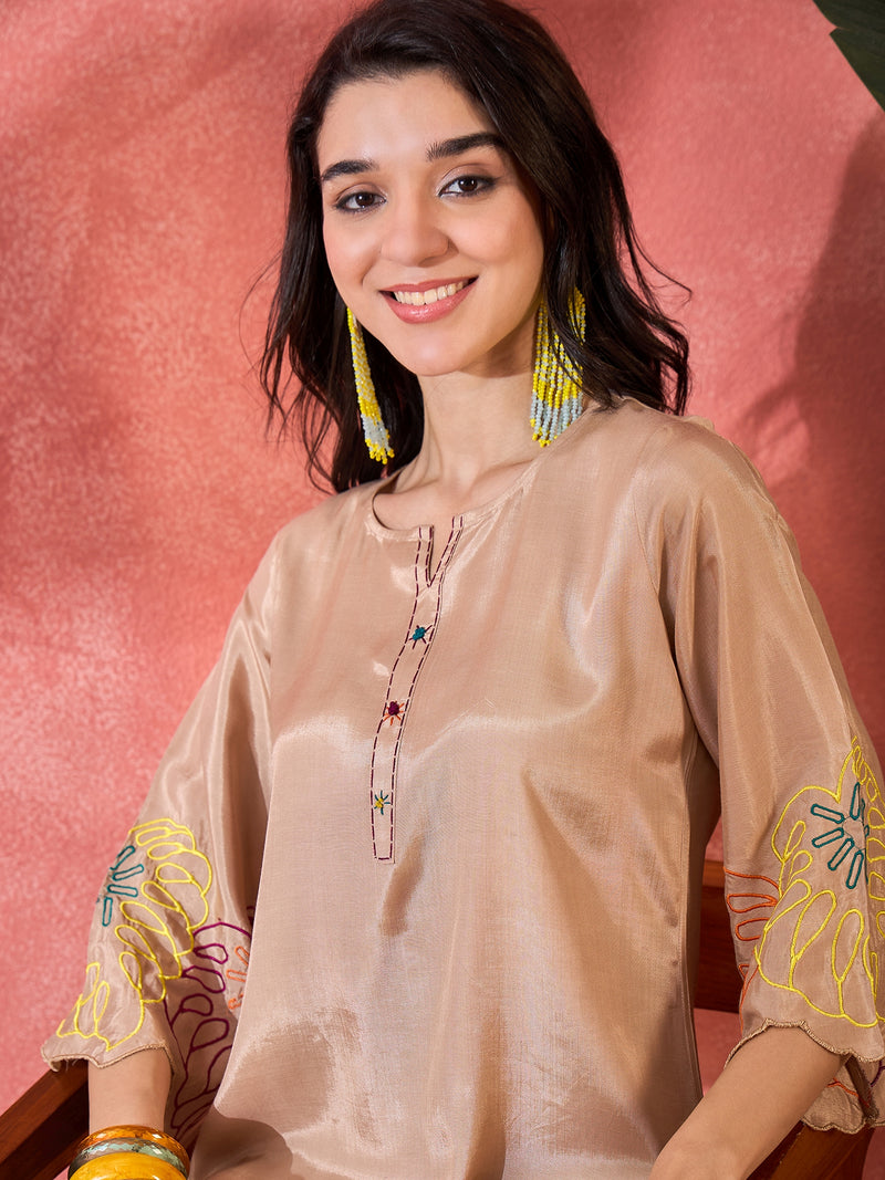 Beige Floral Embroidered Tunic With Pant Co-Ords Set