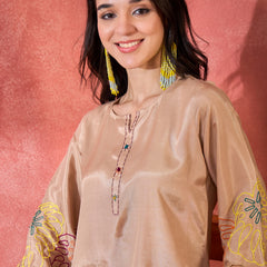 Beige Floral Embroidered Tunic With Pant Co-Ords Set