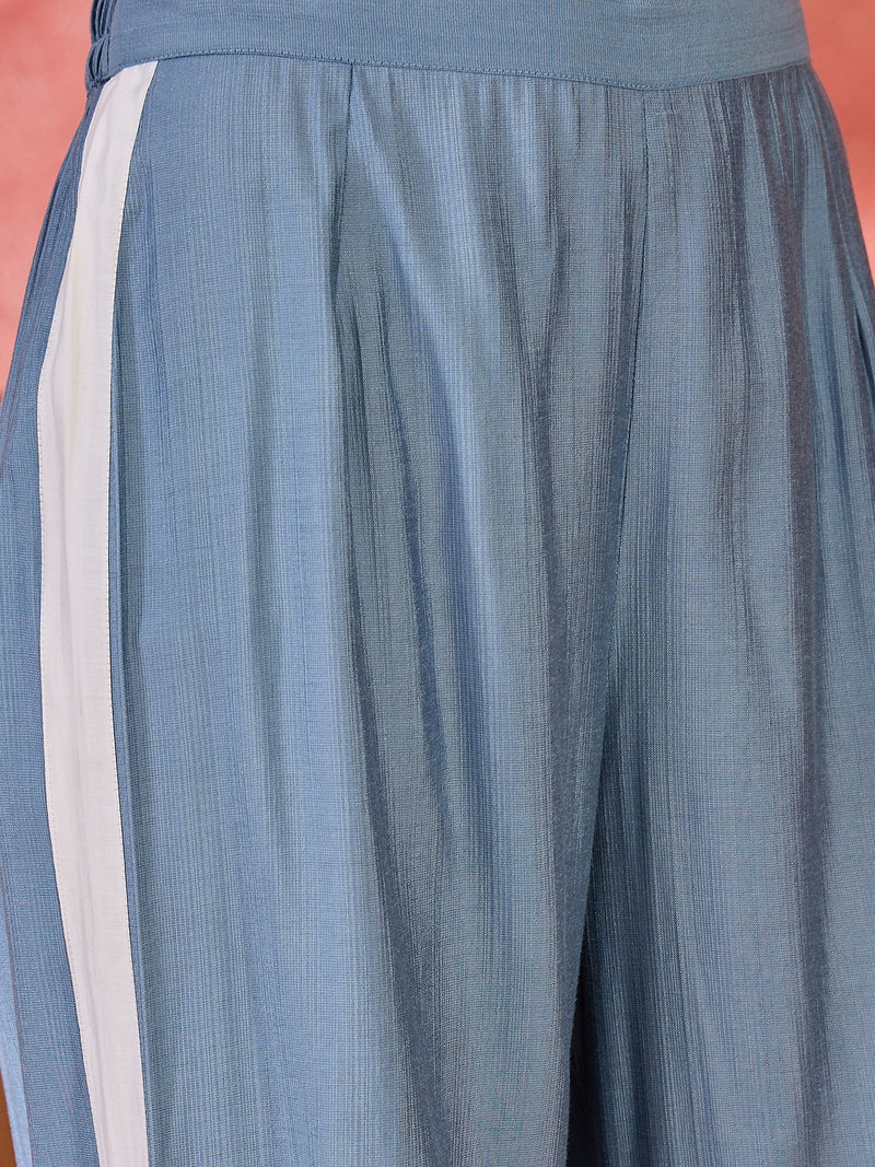Off White & Blue Floral Embroidered V-Neck Tunic With Trouser