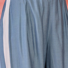 Off White & Blue Floral Embroidered V-Neck Tunic With Trouser