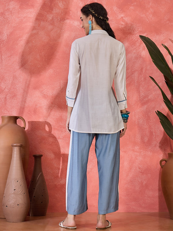 Off White & Blue Floral Embroidered V-Neck Tunic With Trouser