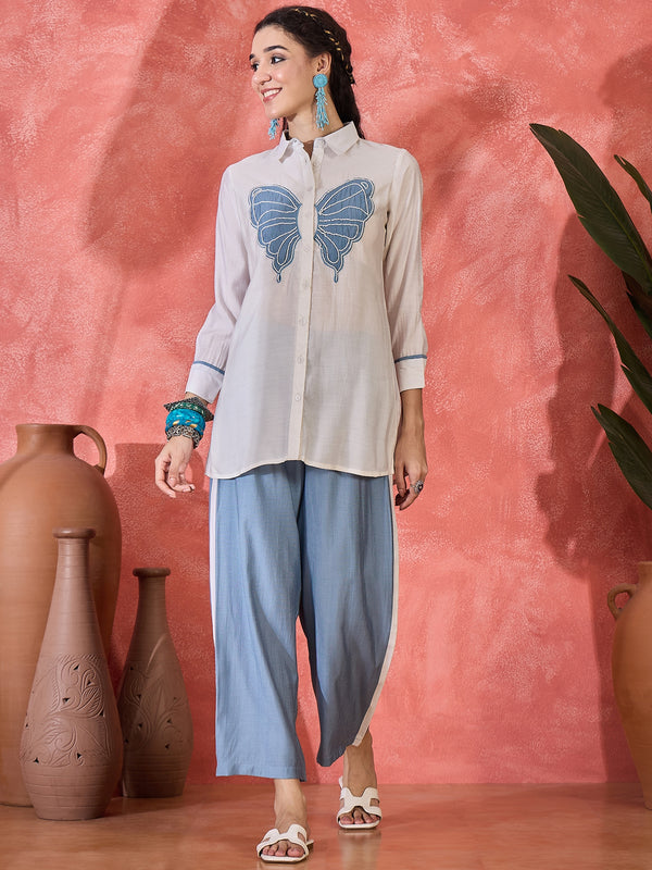 Off White & Blue Floral Embroidered V-Neck Tunic With Trouser