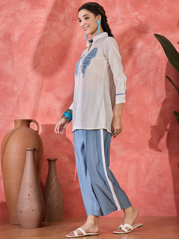Off White & Blue Floral Embroidered V-Neck Tunic With Trouser