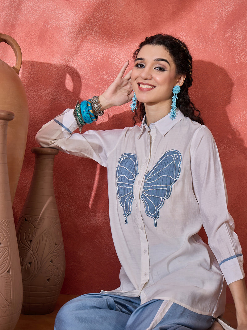 Off White & Blue Floral Embroidered V-Neck Tunic With Trouser