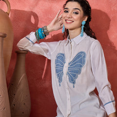 Off White & Blue Floral Embroidered V-Neck Tunic With Trouser