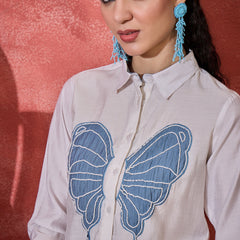 Off White & Blue Floral Embroidered V-Neck Tunic With Trouser