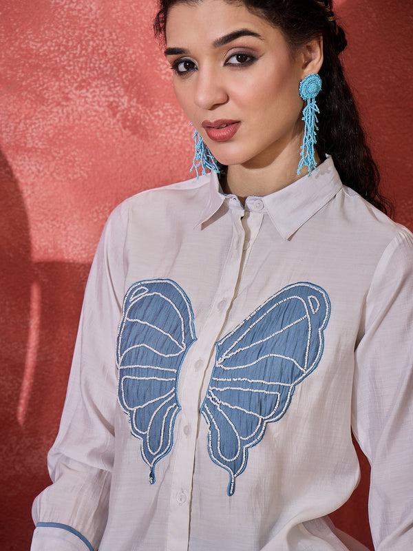 Off White & Blue Floral Embroidered V-Neck Tunic With Trouser