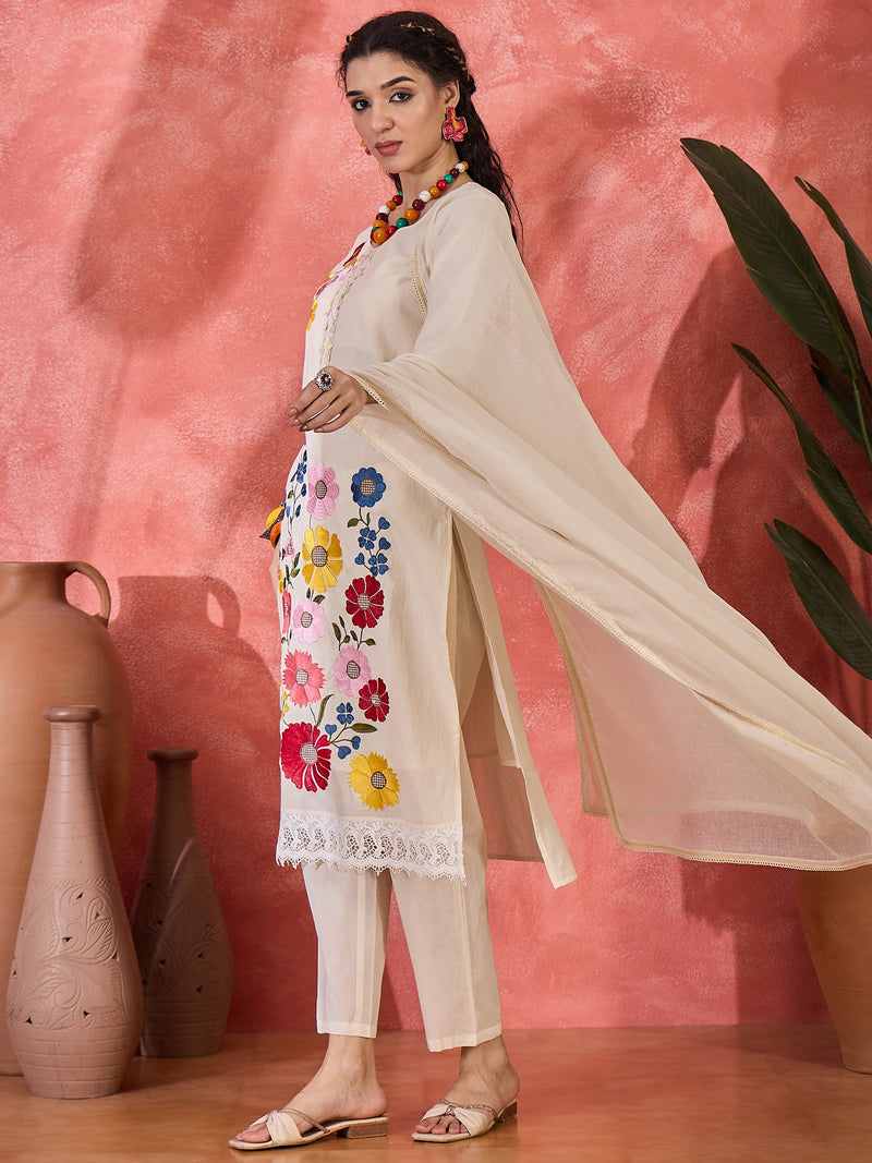 Floral Embroidered Pure Cotton Straight Kurta With Trouser & Dupatta