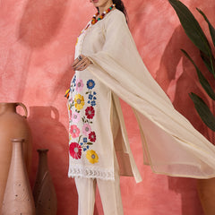 Floral Embroidered Pure Cotton Straight Kurta With Trouser & Dupatta