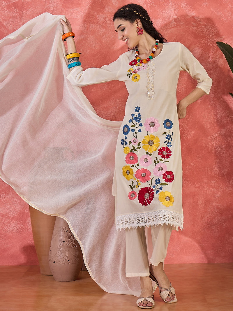 Floral Embroidered Pure Cotton Straight Kurta With Trouser & Dupatta