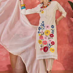 Floral Embroidered Pure Cotton Straight Kurta With Trouser & Dupatta