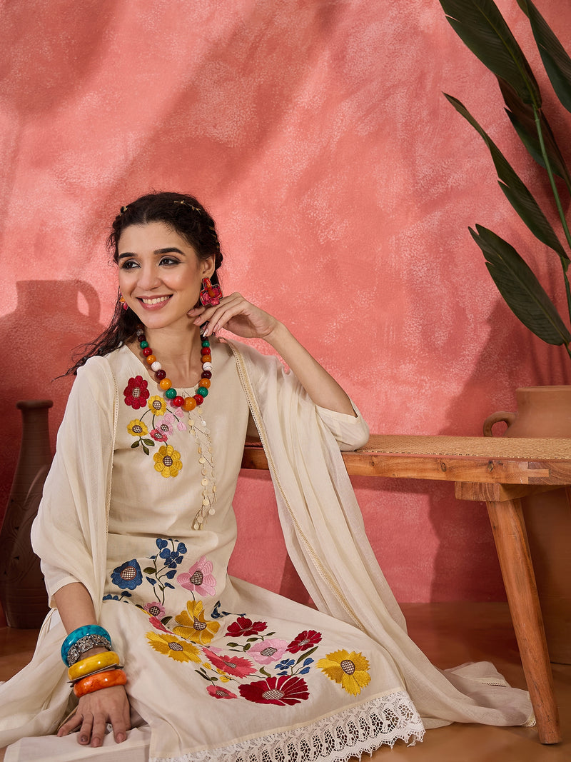 Floral Embroidered Pure Cotton Straight Kurta With Trouser & Dupatta