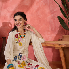 Floral Embroidered Pure Cotton Straight Kurta With Trouser & Dupatta