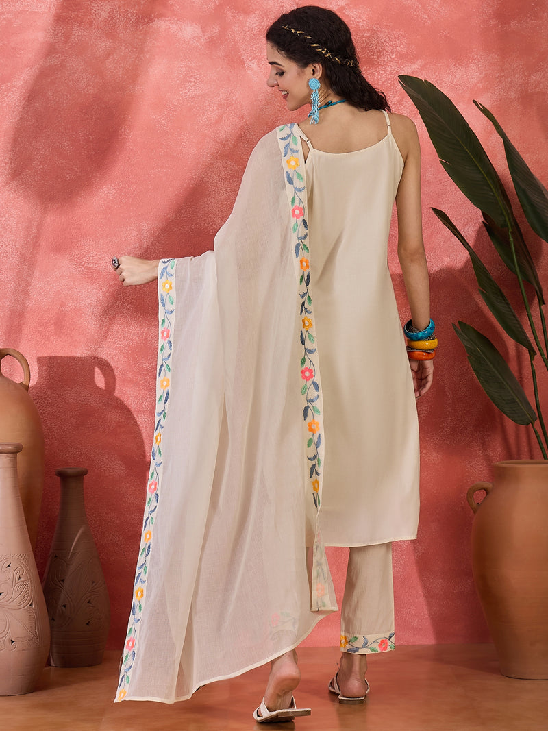 Pure Cotton Shoulder Straps Straight Kurta With Trousers & Dupatta
