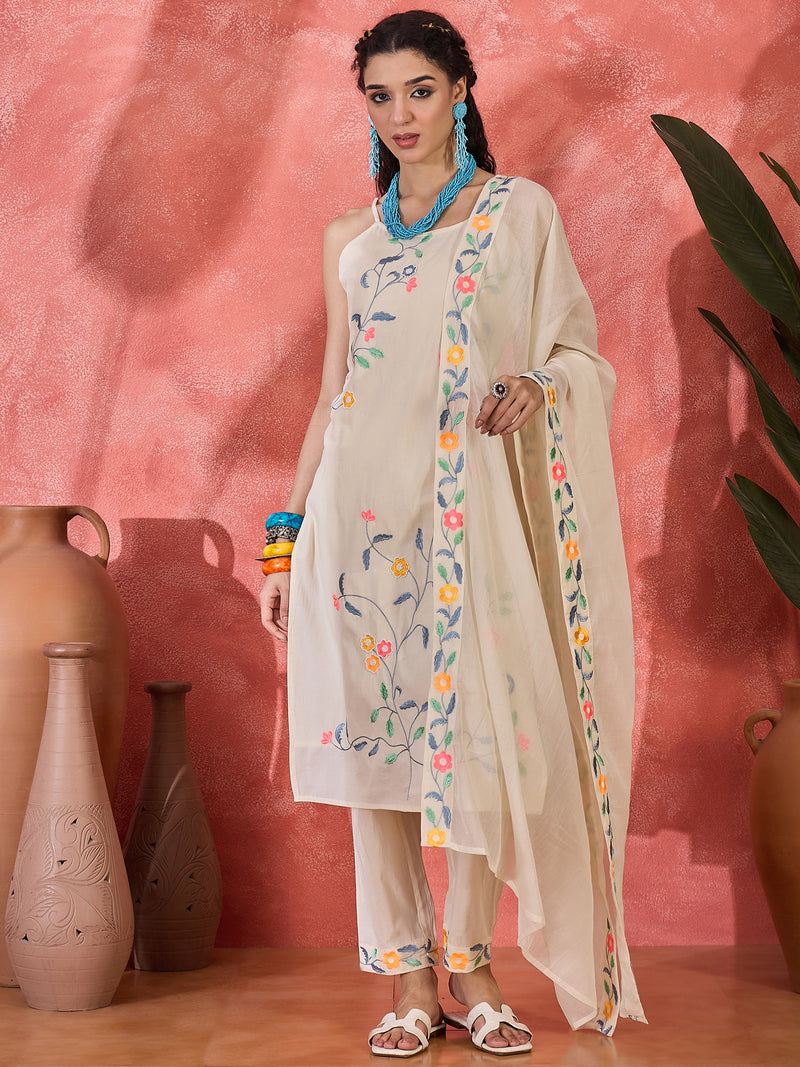 Pure Cotton Shoulder Straps Straight Kurta With Trousers & Dupatta