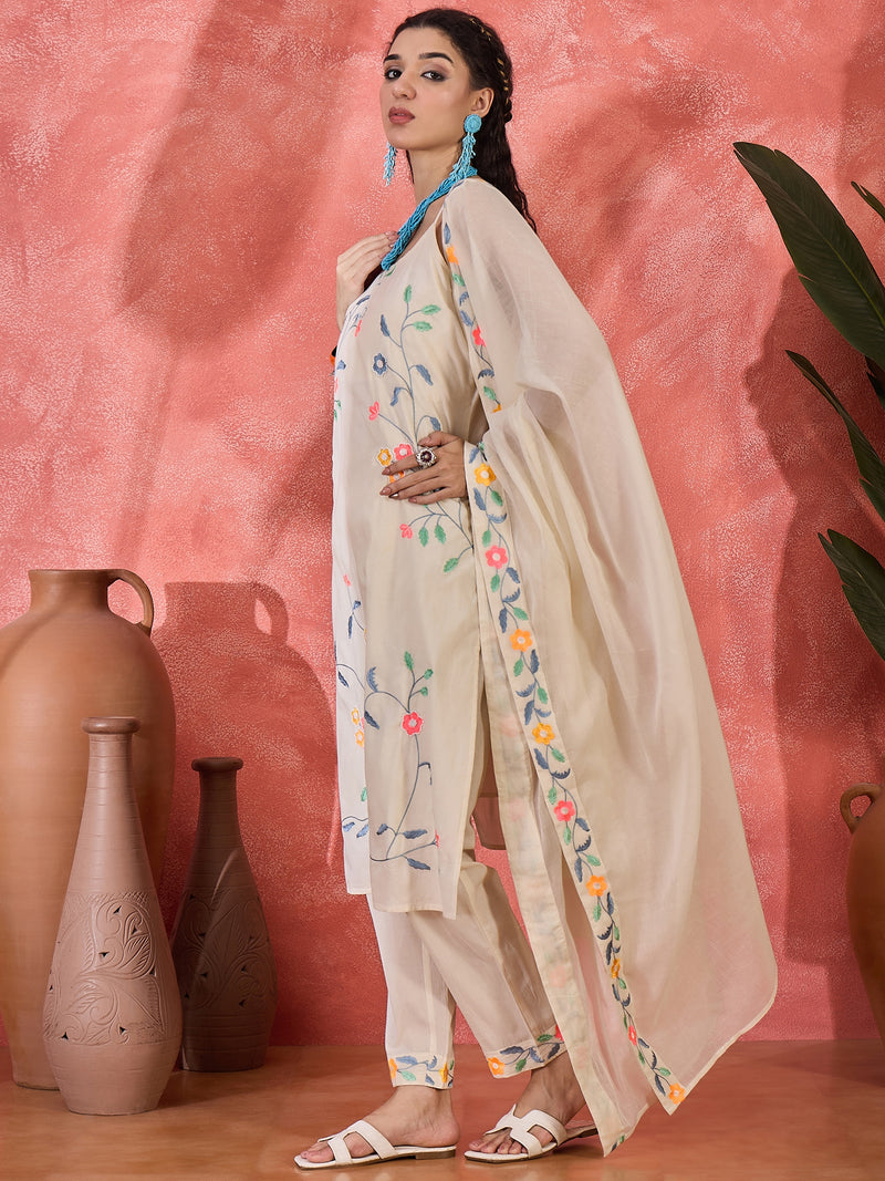 Pure Cotton Shoulder Straps Straight Kurta With Trousers & Dupatta