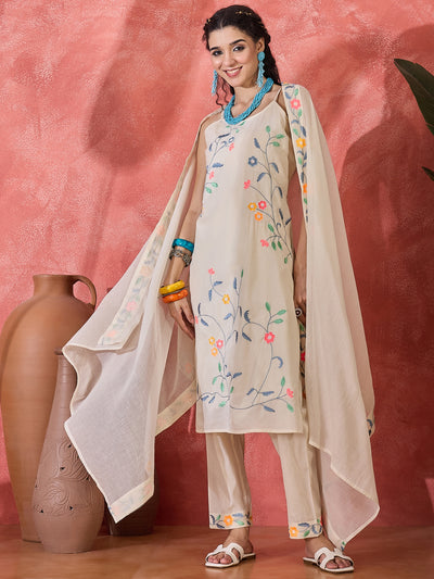 Pure Cotton Shoulder Straps Straight Kurta With Trousers & Dupatta