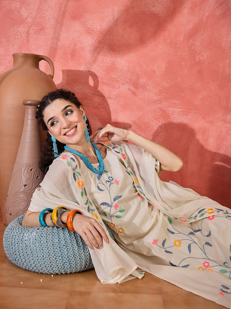 Pure Cotton Shoulder Straps Straight Kurta With Trousers & Dupatta