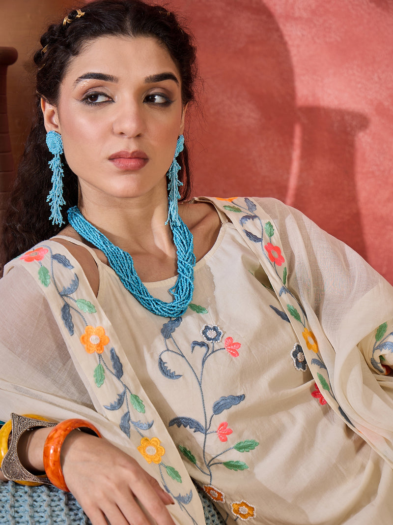 Pure Cotton Shoulder Straps Straight Kurta With Trousers & Dupatta