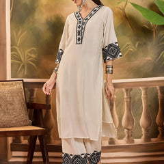 White Embroidered  Kaftan With Pant Kurta Set