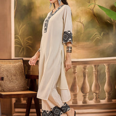 White Embroidered  Kaftan With Pant Kurta Set