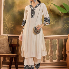 White Embroidered  Kaftan With Pant Kurta Set