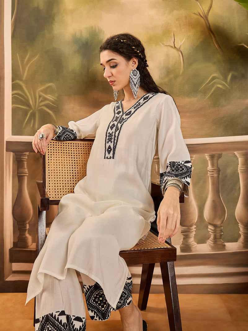 White Embroidered  Kaftan With Pant Kurta Set