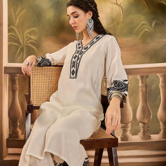 White Embroidered  Kaftan With Pant Kurta Set