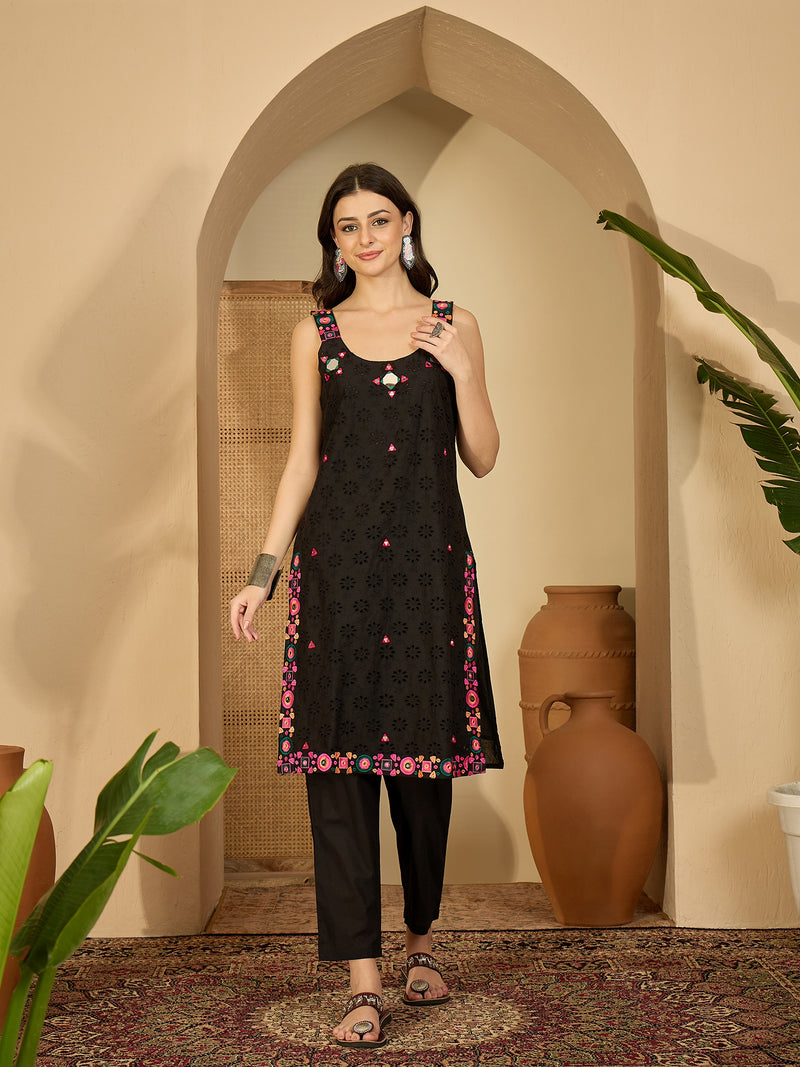 Pure Cotton Sholder Strap Straight Kurta With Pant & Dupatta Kurta Set