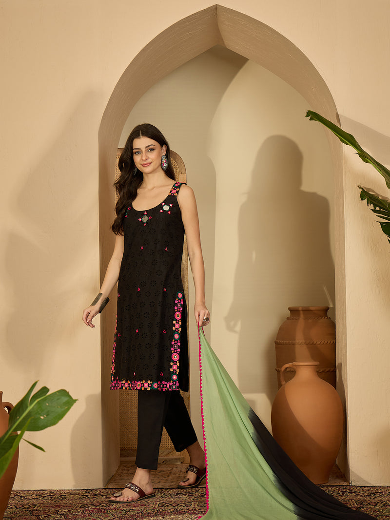 Pure Cotton Sholder Strap Straight Kurta With Pant & Dupatta Kurta Set