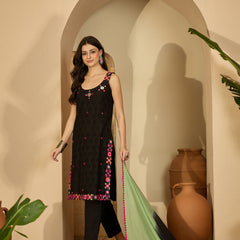Pure Cotton Sholder Strap Straight Kurta With Pant & Dupatta Kurta Set