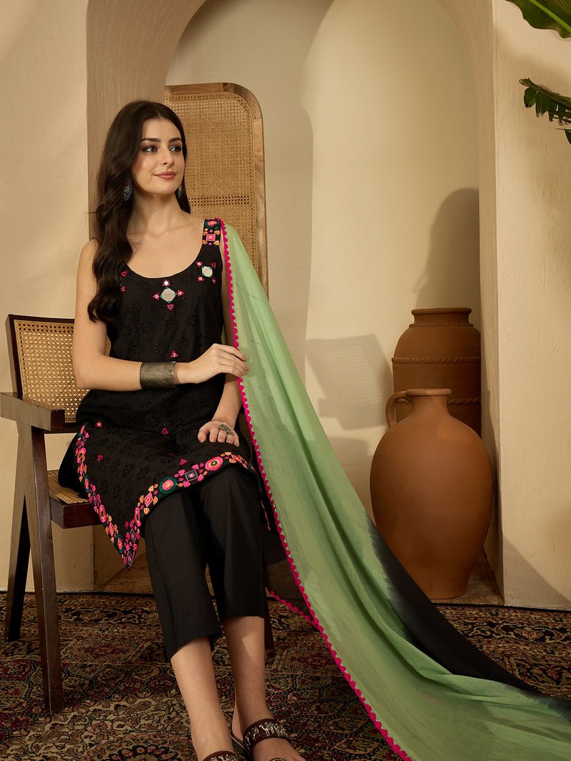 Pure Cotton Sholder Strap Straight Kurta With Pant & Dupatta Kurta Set