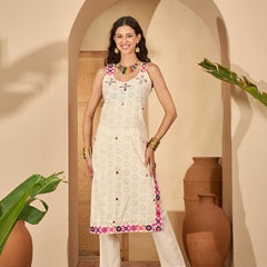 Pure Cotton Sholder Strap Straight Kurta With Pant & Dupatta Kurta Set