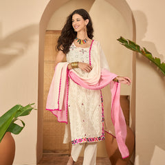 Pure Cotton Sholder Strap Straight Kurta With Pant & Dupatta Kurta Set
