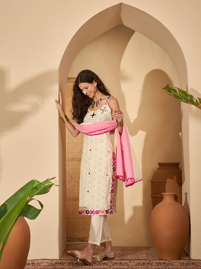Pure Cotton Sholder Strap Straight Kurta With Pant & Dupatta Kurta Set