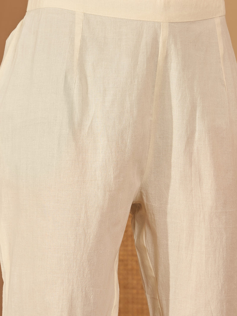 Off White Pure Cotton Embroidered Kurta with Trouser & Dupatta Kurta Set