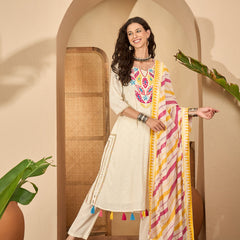 Off White Pure Cotton Embroidered Kurta with Trouser & Dupatta Kurta Set