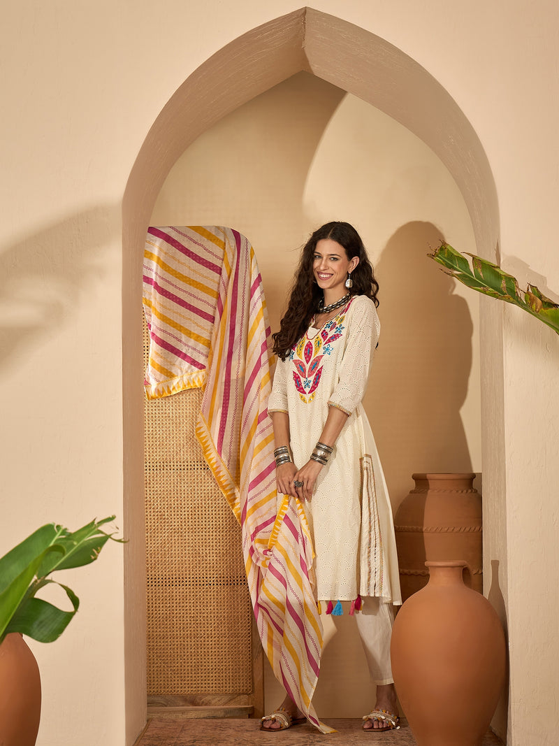 Off White Pure Cotton Embroidered Kurta with Trouser & Dupatta Kurta Set