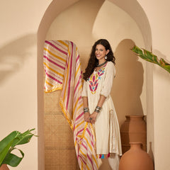 Off White Pure Cotton Embroidered Kurta with Trouser & Dupatta Kurta Set