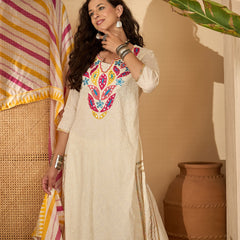 Off White Pure Cotton Embroidered Kurta with Trouser & Dupatta Kurta Set